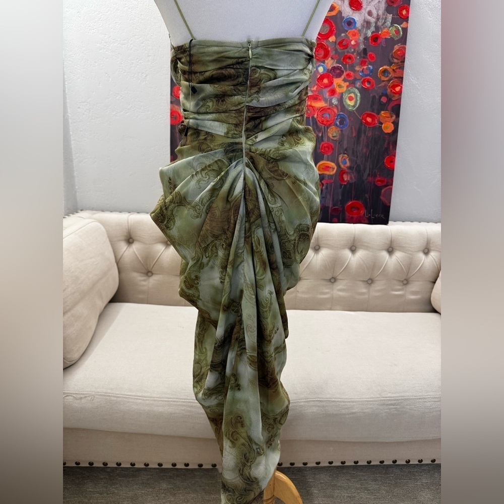 NWT Pretty Little Thing GREEN PRINT CHIFFON RUCHED DRAPE MIDI DRESS 2 - Picture 6 of 10